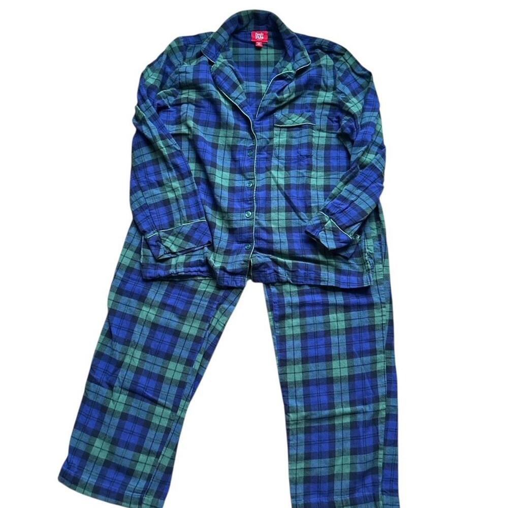 Family PJs Pajamas Womens Plaid Green Blue Size M 2 Piece Top Bottom Pajamacore